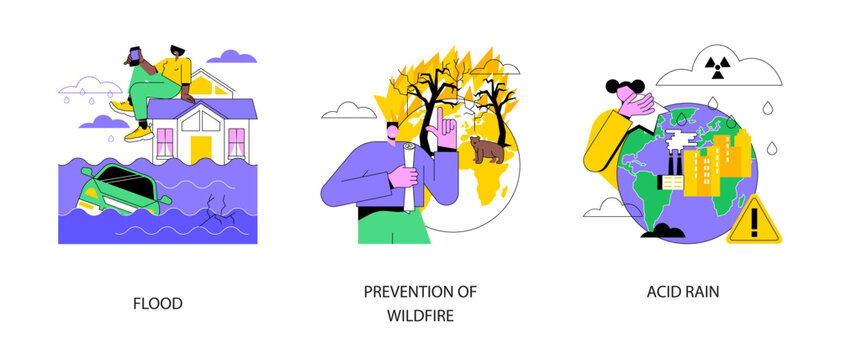 Natural disaster abstract concept vector illustration set. Flood and tropical cyclone and tsunami, prevention of wildfire, acid rain, climate change, firefighting service, rainwater abstract metaphor.