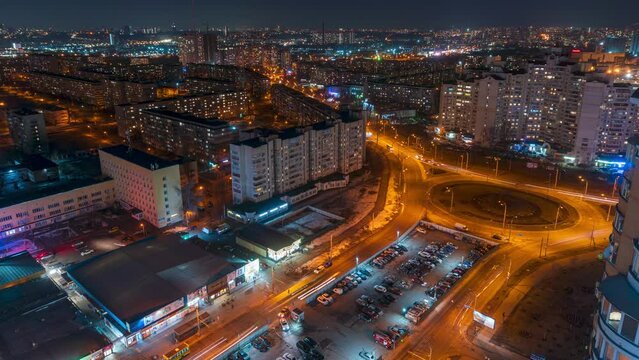 Day to night aerial Timelapse of the Night view of Obolon district and historical center of Kyiv city, Ukraine