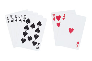 Royal straight flush of spades and blackjack playing cards