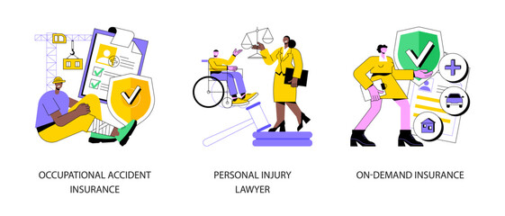 Employee health abstract concept vector illustration set. Occupational accident insurance, personal injury lawyer, on-demand coverage policy, worker injury, legal services abstract metaphor.