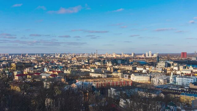 Aerial view over Podol district in Kyiv, Ukraine 4k Timelapse