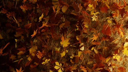3D rendering. Beautiful background with a sunlight shining on autumn leaves falling to the forest floor. Autumn themed background. Autumn forest scene.