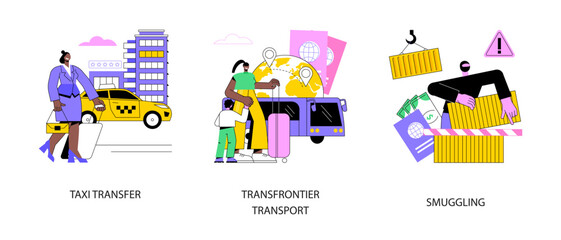 Obraz na płótnie Canvas Crossing border abstract concept vector illustration set. Taxi transfer, transfrontier transport, smuggling and illegal goods transportation, freight taxi service, contraband abstract metaphor.
