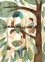 Family playing and resting on top of a tree