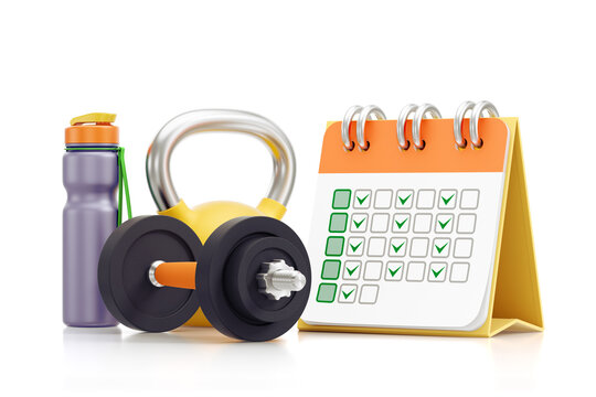 Fitness Scheduling. A dumbbell, a kettlebell and a water bottle are beside a tasks planner and all of them are on white background. 3D rendering graphics on the theme of Sport and Fitness Industry.