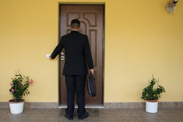 Image of an elegant man with briefcase ringing a house bell. Reference to door-to-door vendors and...