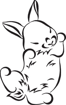 Cute baby rabbit lying on its back. Black and white vector illustration isolated on white background. Sketch, artistic, graphic image of a bunny. Wall sticker. Tattoo design.