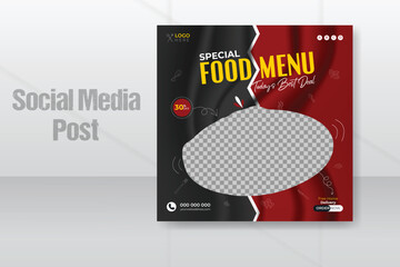 Delicious food menu social media post template, restaurant, and culinary social media banner design with red and black background