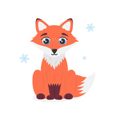 Cute sitting red fox cub with snowflakes. Funny forest character with big eyes and fluffy tail. Vector design element. Flat illustration isolated on white background