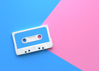 Fototapeta premium Vintage audio tape cassette on a blue-pink background. Top view with copy space. 3d rendering illustration