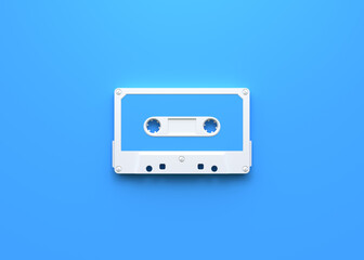 Vintage audio tape cassette on a blue background. Top view with copy space. 3d rendering illustration