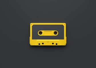 Vintage audio tape cassette on a black background. Top view with copy space. 3d rendering illustration
