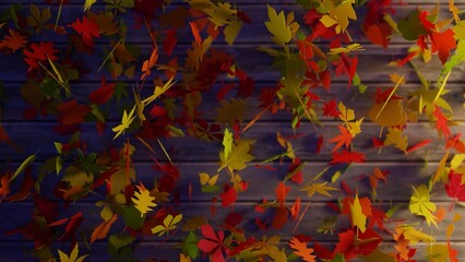 3D rendering. Night scene of autumn falling leaves on a wooden table. Leaves with yellow, orange, green and red fall colors.