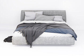 3d Furniture modern grey double bed isolated on a white background with Clipping path, Decoration Design for bedroom