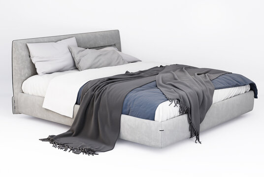 3d Furniture modern grey double bed isolated on a white background with Clipping path, Decoration Design for bedroom