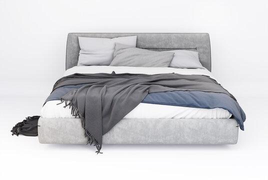 3d Furniture modern grey double bed isolated on a white background with Clipping path, Decoration Design for bedroom