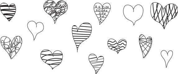 Cartoon doodle black hearts collection. White background.
