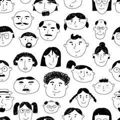 Diverse women's and men's heads seamless pattern. Black and white background with faces. Hand drawn line art. Perfect for textil