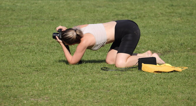 A female photographer with a camera is standing on the grass on all fours, St. Isaac's Square, St. Petersburg, Russia, August 2022