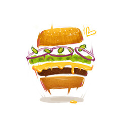 Hamburger in the air, flying, dynamic. with movement of ingredients. Hamburger, cheeseburger, meat, cheese, pickles, jalapeños, onion, sesame, bun, lettuce