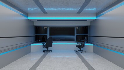 Fototapeta na wymiar abstract background of Sci Fi Futuristic Spaceship work space and chair , 3D illustration rendering