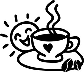 Funny coffee cup for morning caffeine kick. Logo design, poster print decoration for cafe, restaurant menu. Simple silhouette vector illustration.