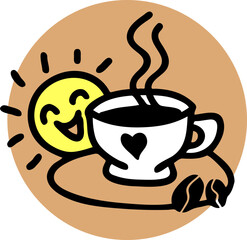 Funny coffee cup for morning caffeine kick. Logo design, poster print decoration for cafe, restaurant menu. Simple silhouette vector illustration.
