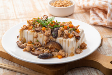 Soft Tofu with pork gravy sauce,Steamed soy bean tofu curd with minced pork carrot onion and shiitake mushroom in gravy sauce