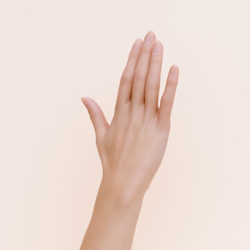 Open palm hand pose for jewelry ring accessory presentation. 3d rendering white woman hand gesture