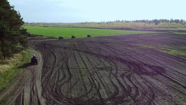The movement of ATVs on a plowed field in the direction of the forest, aerial photography