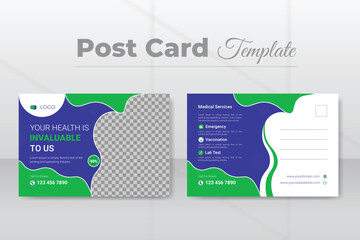Medical, dental, and healthcare postcard design template, EDDM postcard layout with green and purple color