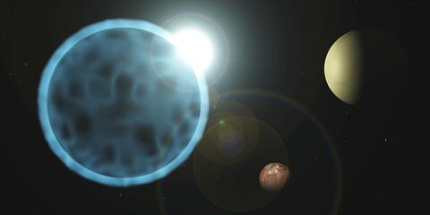 Fototapeta na wymiar Space landscape, exoplanet with satellites, 3d rendering
