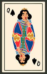 Queen of Spades. Playing card. Beautiful character. Gambling, poker concept. Cartoon style. Hand drawn modern Vector illustration. Poster, t-shirt print, logo, tattoo idea, deck design template 