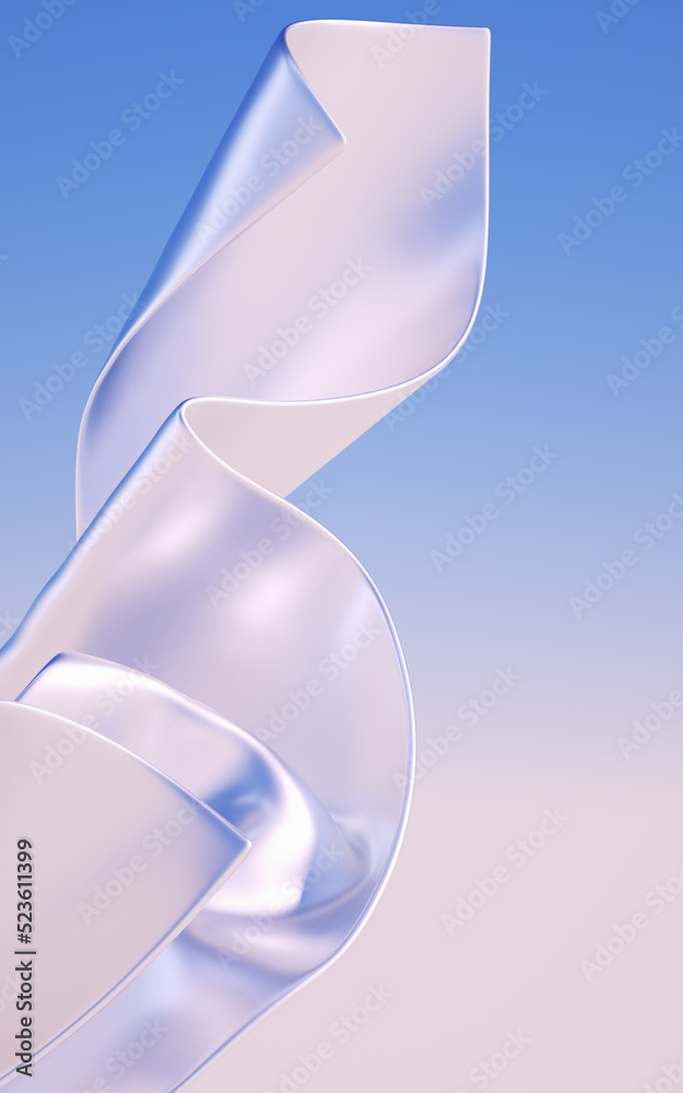 Poster futuristic metallic foil fabric abstract element on sky background, 3d rendering