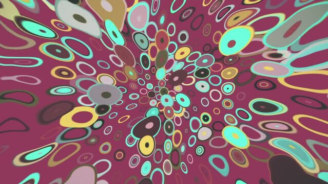 Trendy 1970s retro pattern background animation with colourful  psychedelic circles and concentric circles. This fun vintage motion background is full HD and a seamless loop.