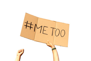Two woman's hands holding a cardboard sign that says me too, No sexism concept.