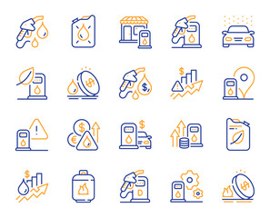 Gas station line icons. Petrol canister, diesel fuel and gas cylinder set. Eco leaf, Fuel station and petrol canister line icons. Liquefied gas, rising prices and oil energy. Vector