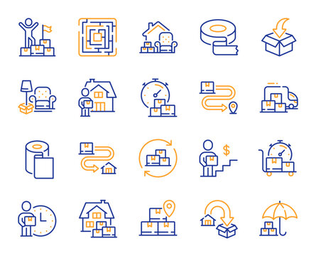 Moving service line icons. Furniture move, rent space and adhesive tape set. Package delivery, relocation service and carrying man line icons. Move parcel, delivery truck and maze labyrinth. Vector