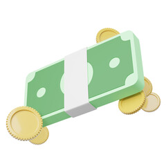 Bundles cash, gold coins floating on blue background. Mobile banking and Online payment service. Saving money wealth and business. Bonus cash back and refund cartoon style. Cashback 3d icon render.