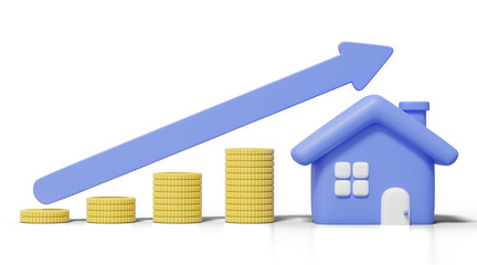 3D Gold coins stack with house on blue arrow up on blue background. Home model with windows, door icon. Financial investment growth concept. Mockup cartoon icon minimal style. 3d render illustration.