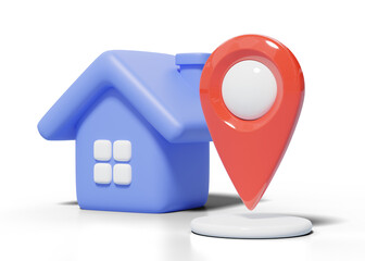 3d blue house, location pin icon. Cute home model with red GPS navigator checking points. Business investment, real estate, mortgage, loan concept. Cartoon icon minimal style. 3d render illustration.