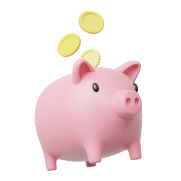 Gold coin spread into pink piggy bank float on blue background. Mobile banking and Online payment service. Save dollar in money box. Saving money wealth. Business cartoon style concept. 3d icon render