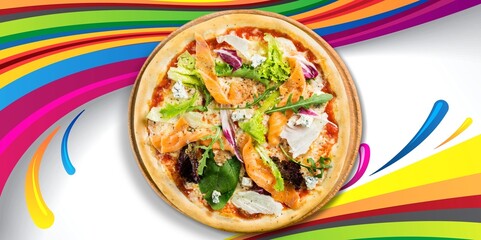 Tasty italian pizza on coloured background. Meat pizza delivery concept with color backdrop