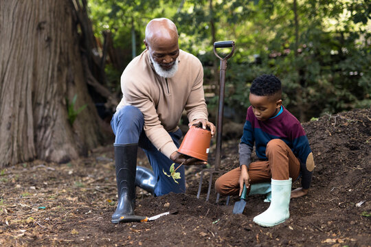 Happy senior african american man with his grandson digging in garden