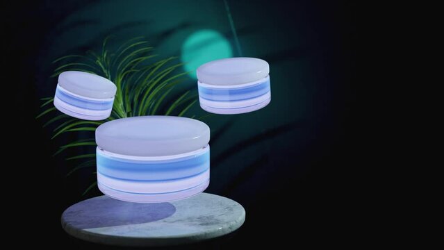 Glass cosmetic jar of cream with a white lid on a dark blue background with a branch of a tropical plant. The bottle slowly cycles up and down in the air. Women's cosmetics for skin care. Cosmetic pac