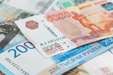 Russian rubles background. Money background and texture. Banknotes of different denominations