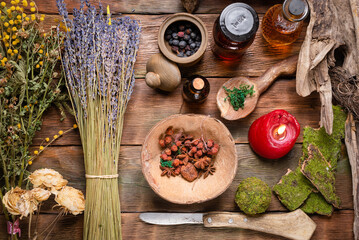 Herbal medicine concept background. Dry natural ingredients and remedy bottle on the wooden table...