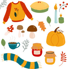 Autumn set. Cartoon yellow plants, food, harvest festival and thanksgiving day attributes for card, poster vector set as warm clothing, mushrooms and leaves. Happy fall