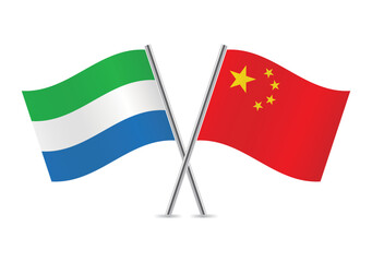 The Republic of Sierra Leone and China crossed flags. Sierra Leonean and Chinese flags on white background. Vector icon set. Vector illustration.