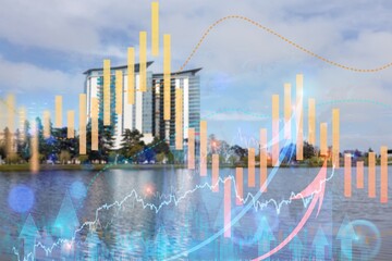 Panorama cityscape at day time. Glowing forex graph hologram. The concept of internet trading, brokerage and fundamental analysis